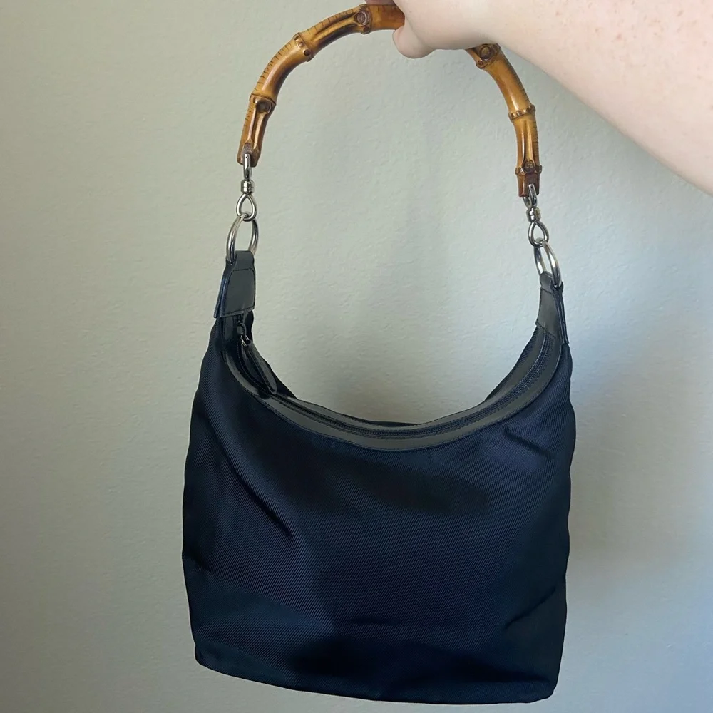 Gucci bamboo nylon leather bag, authentic